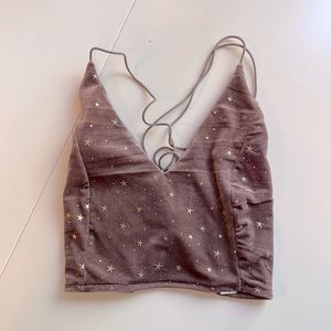 Verdusa Velvet Galaxy Print Crisscross Back Spaghetti Strap Crop Cami Top